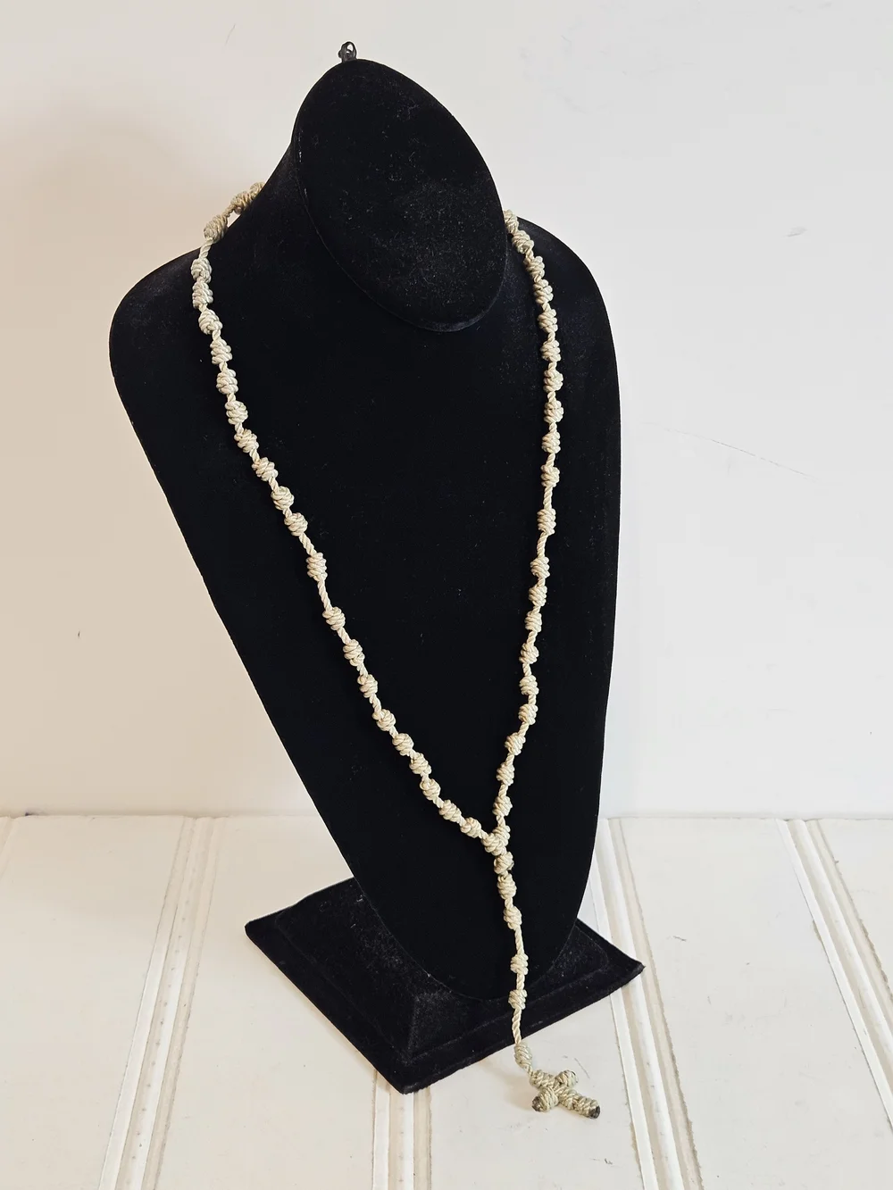 Handmade Knotted Rope Necklace with Cross Pendant - Beige